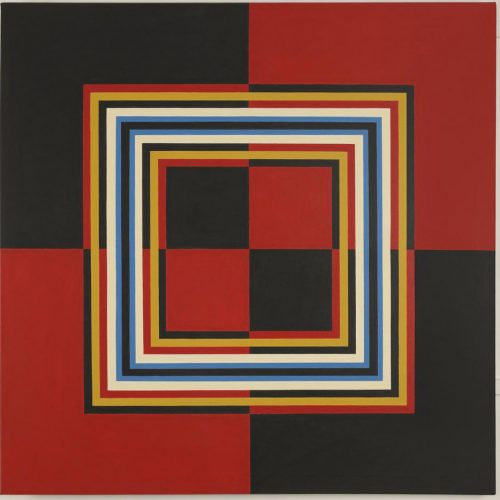 'Red and Black Quartered 1968 Acrylic on canvas 120.8 x 120.8 by Brian Rice